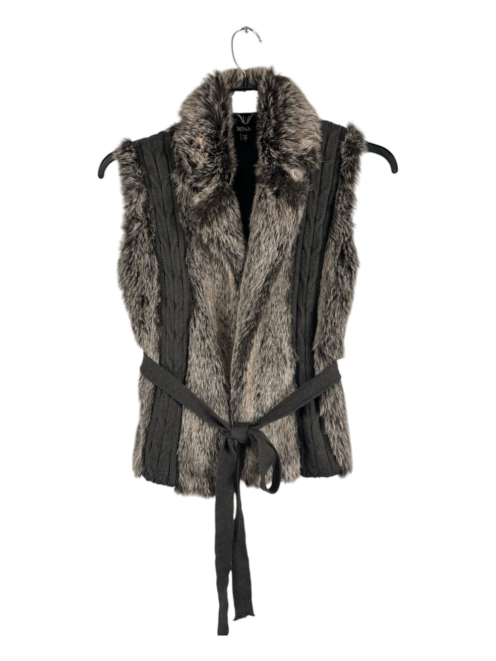 NWOT XOXO Women's L Faux Fur Cable Knit Tie Front Vest Black Gray Mob Wife